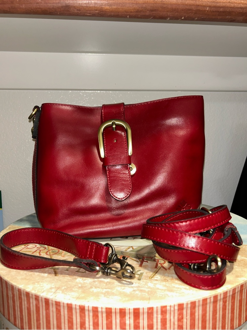 PATRICIA NASH Irving Berry Red Smooth Leather Bucket Satchel Crossbody Bag